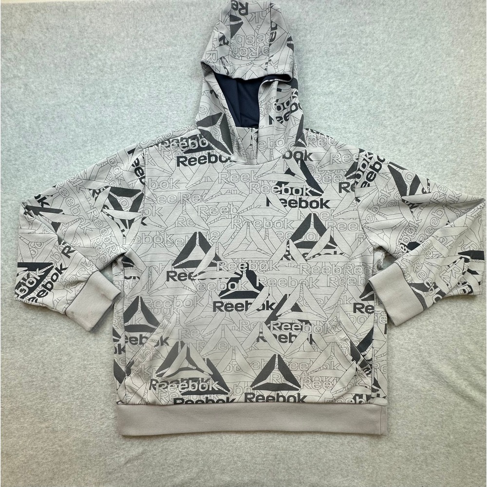 Reebok Mens All Over Logo Print Pullover Hoodie Grey Black Sweatshirt Large